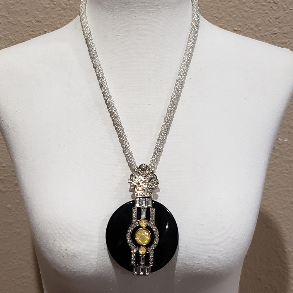 Elegant Black and Silver Art Deco Inspired Pendant Necklace